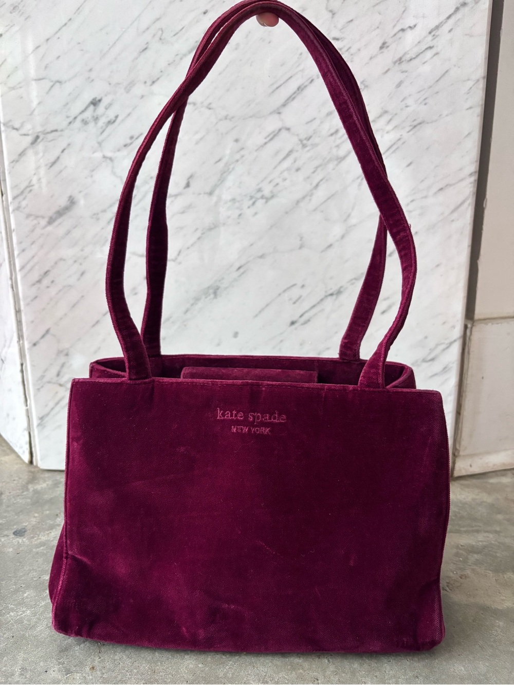 Vintage Kate Spade Velvet Satchel Shoulder Tote in Burgundy - Picture 3 of 7